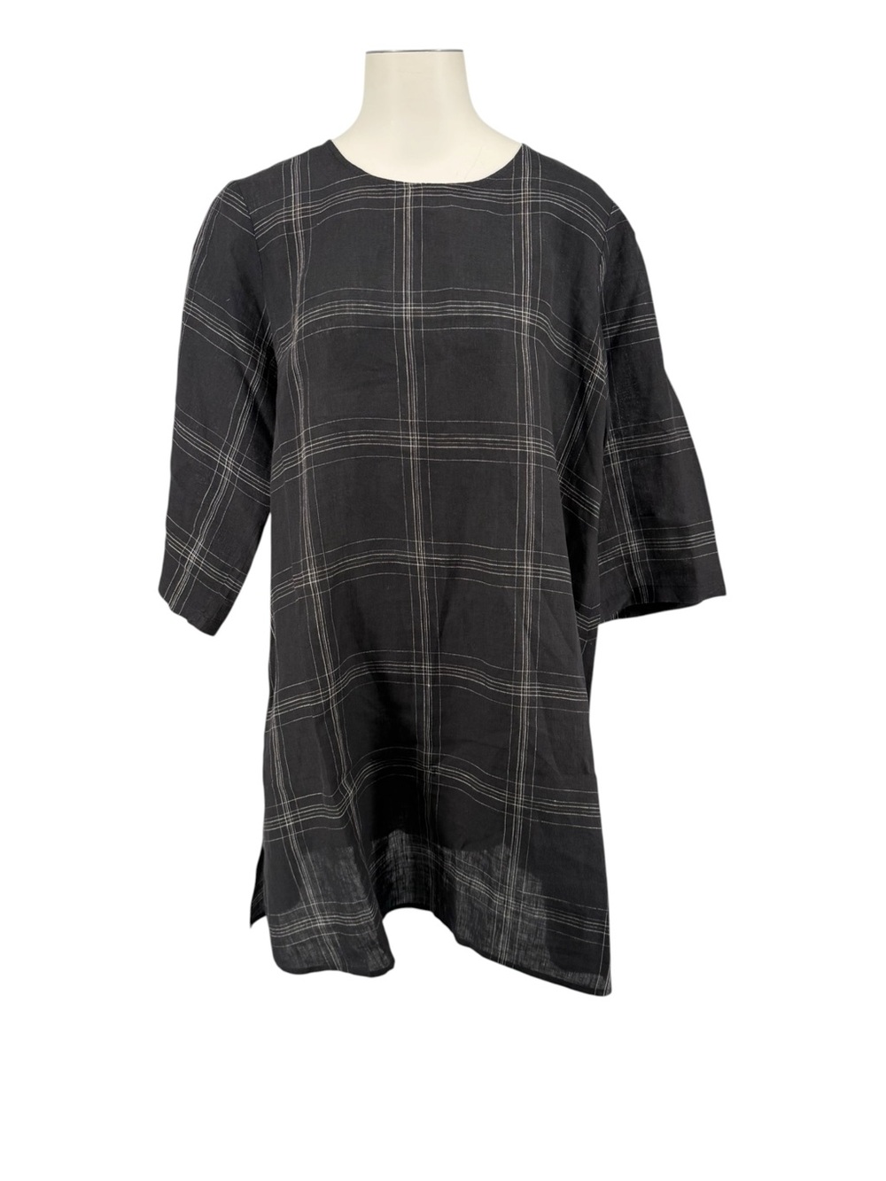 Eileen Fisher Black Plaid Long-Sleeve Shift Dress